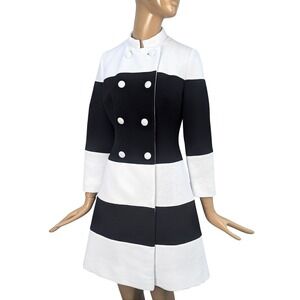 Vintage 60s Lilli Ann Knit Black White Striped Mod Double Breasted Coat Jacket